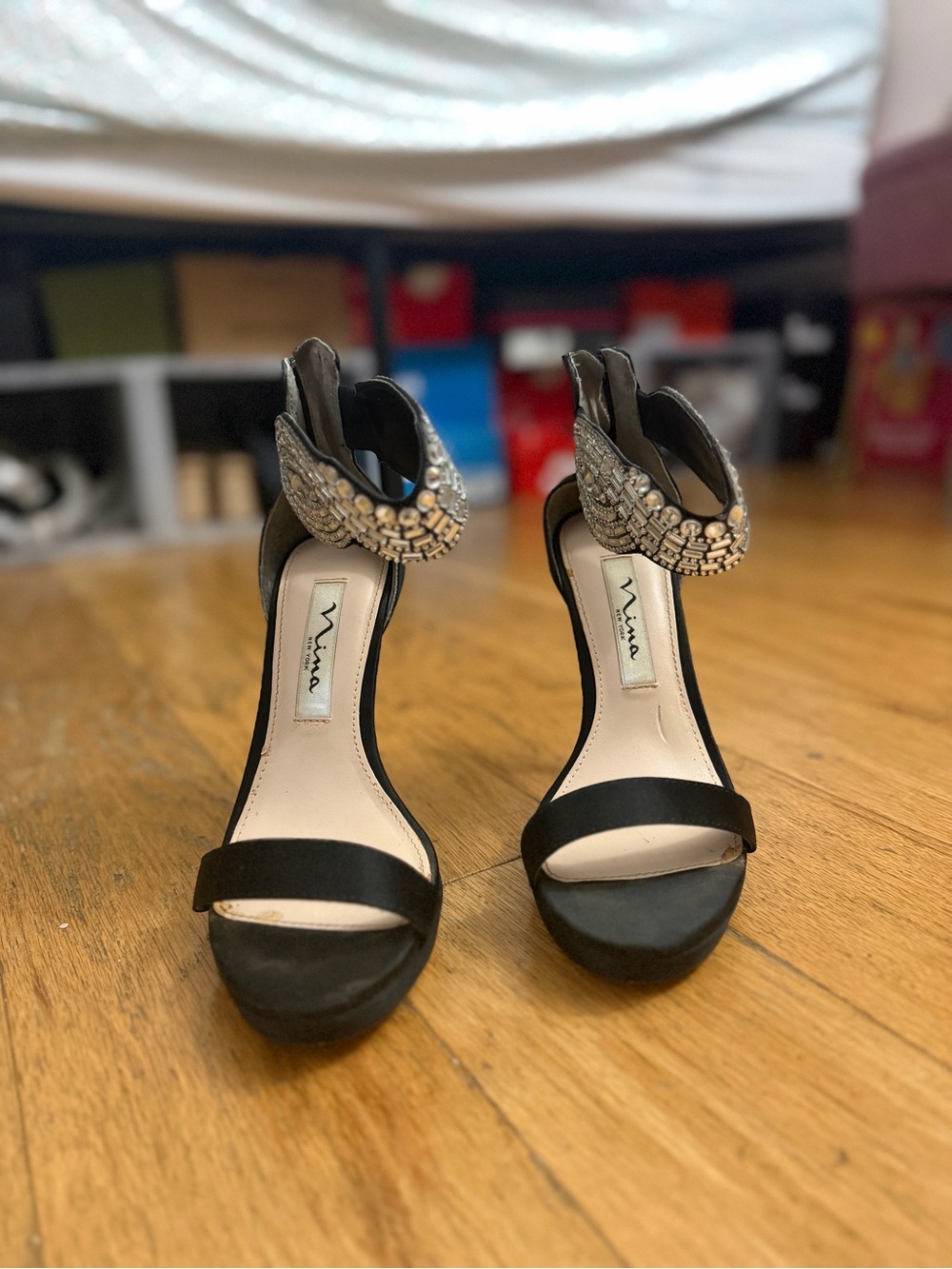 Nina Black Embellished Ankle-Strap Sandals